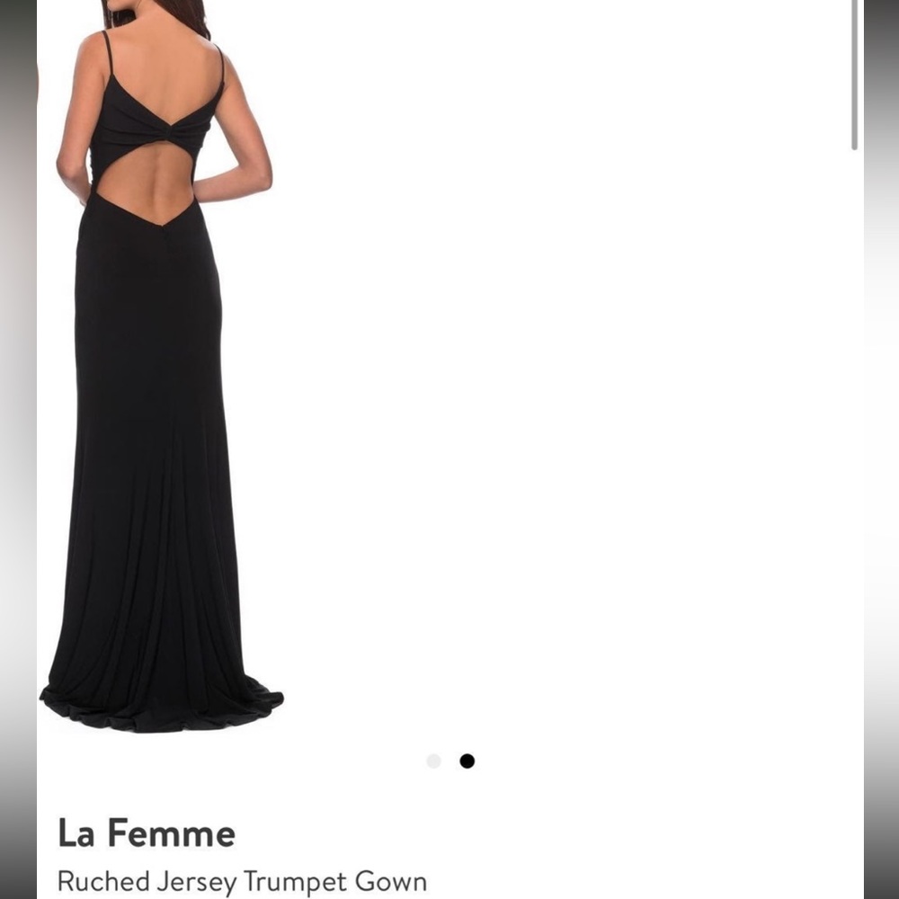 la femme black ruched jersey trumpt gown size 00